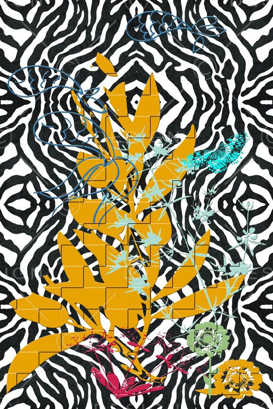 几何斑马纹和简笔花草印花华亿平台图片