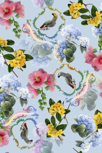 401126-3D鹦鹉  水彩 三色花