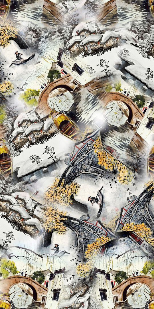 手绘水墨印花华亿平台图片