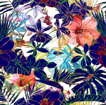 405503-热带观叶植物水彩花卉与珠宝昆虫配饰