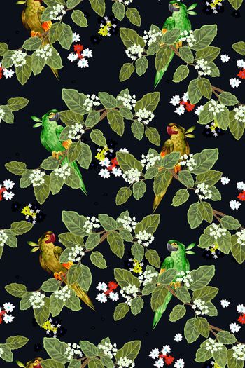 406284-热带风情鹦鹉绿色植物男装衬衫T恤外