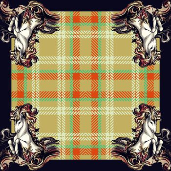 408182-欧美大牌风格苏格兰格纹插画骏马方巾