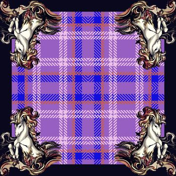 408183-欧美大牌风格苏格兰格纹插画骏马方巾