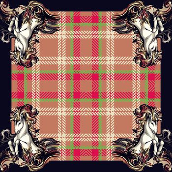 408184-欧美大牌风格苏格兰格纹插画骏马方巾