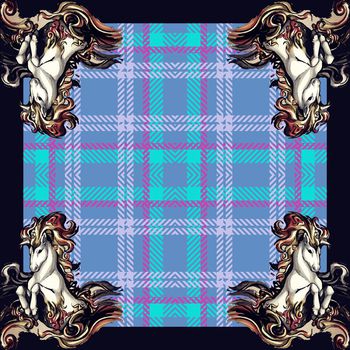 408185-欧美大牌风格苏格兰格纹插画骏马方巾