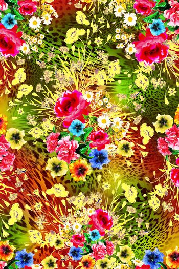 408520-多彩豹纹手绘花卉组合