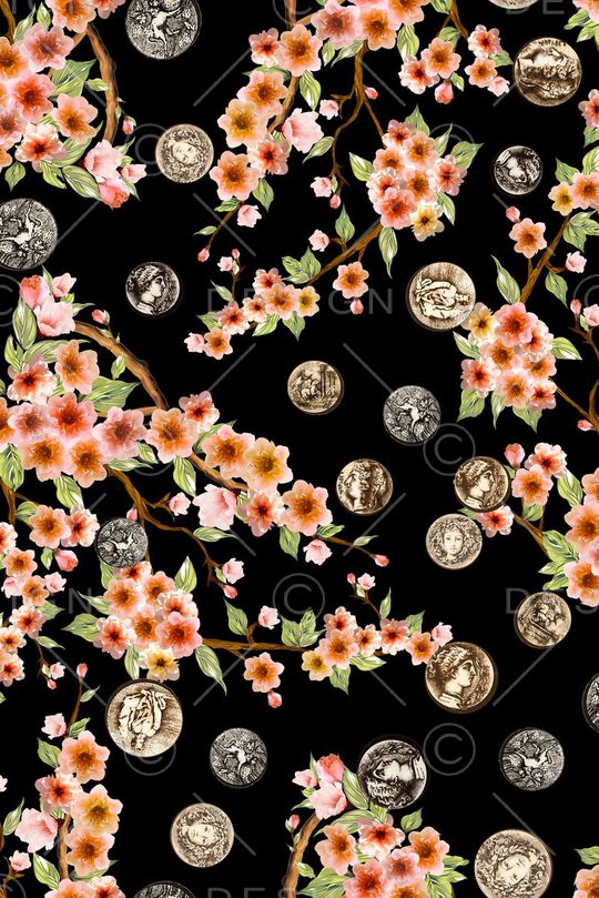 桃花 钱币 花卉印花华亿平台图片