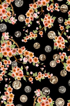 桃花 钱币 花卉印花华亿平台图片