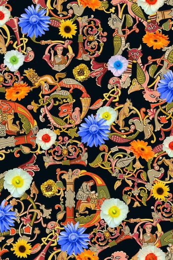 411468-男装 复古文字 花卉 