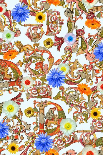 411469-复古文字 花卉 