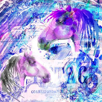 411580-水彩写意彩绘动物马艺术方巾