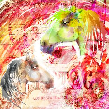 411581-水彩写意彩绘动物马艺术方巾