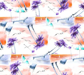 414456-手绘时尚男女装沙滩椰树海边风景数码