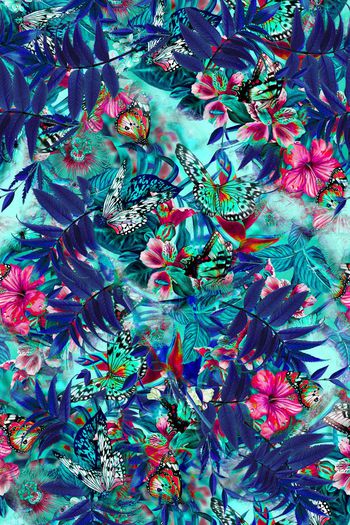 414799-热带树林枝叶茂密异国花卉蝴蝶组合盛