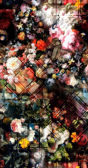 415106-欧式抽象贵族黑色底油画花瓣方格组合