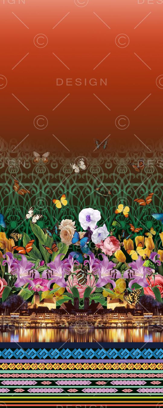 定位 二房连续 风景花卉组合印花华亿平台图片