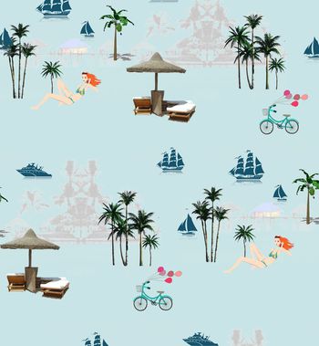 416443-度假胜地休闲小清新海边美女印花