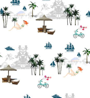 416444-度假胜地休闲小清新海边美女印花