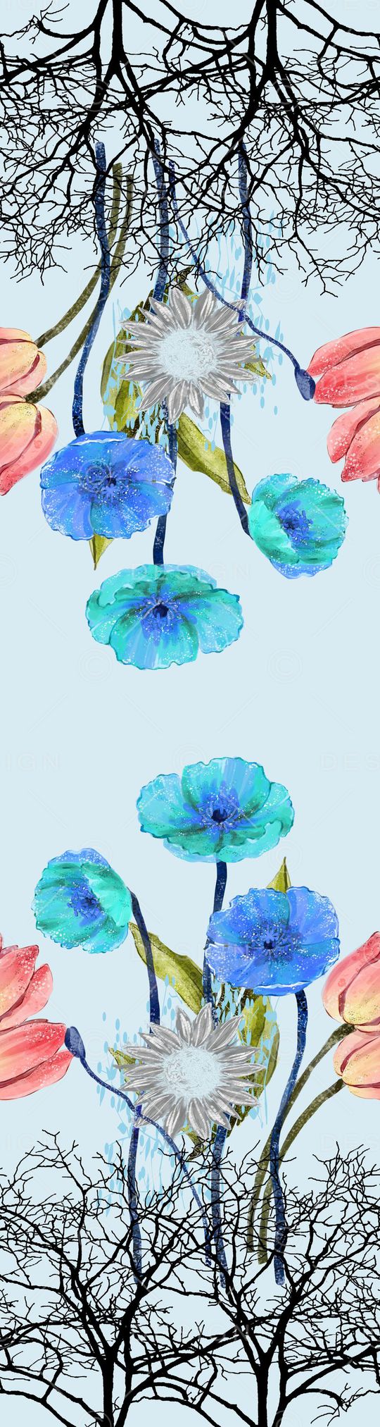 蓝底手绘花卉印花华亿平台图片