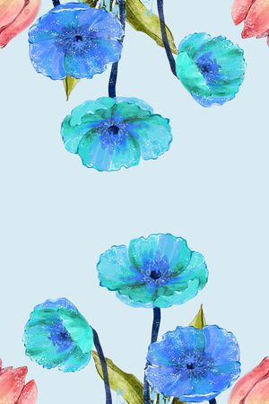 蓝底手绘花卉印花华亿平台图片