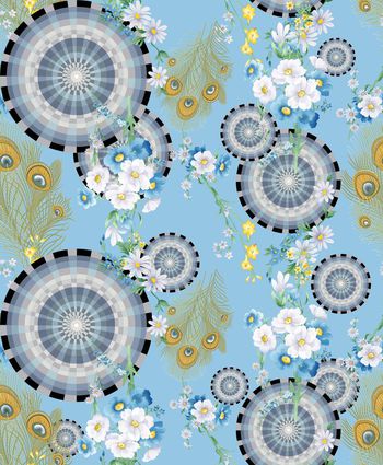 417520-圆形清新手绘小花孔雀毛组合印花