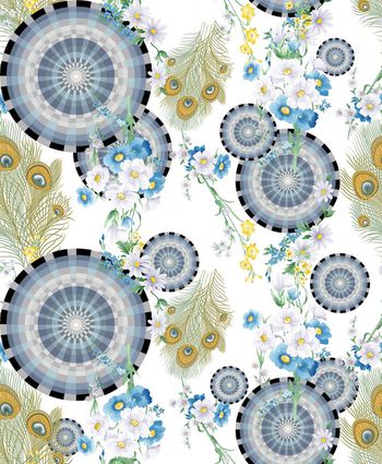 417521-圆形清新手绘小花孔雀毛组合印花