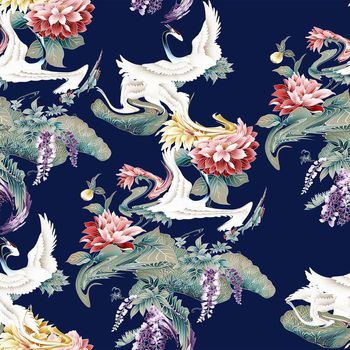 418416- 时尚中国风白鹤花瓣数码印花 