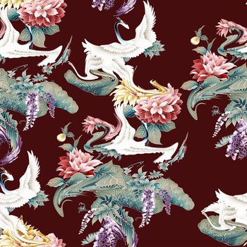 418417- 时尚中国风白鹤花瓣数码印花 