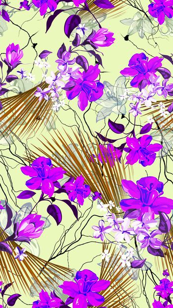 419974-手绘 郁金香 花卉 树叶 针叶 服