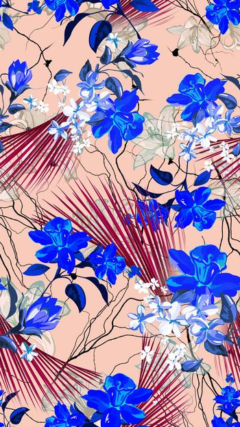 419975-手绘 郁金香 花卉 树叶 针叶 服