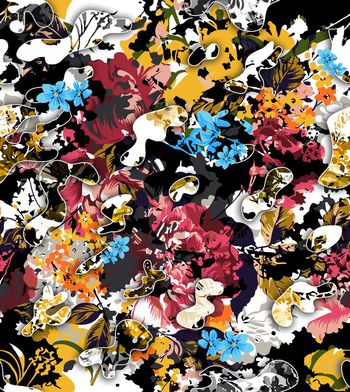 420382-欧美时尚暗底枝叶花卉迷彩图形组合男