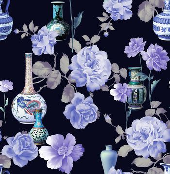 421206- 真实青花陶瓷手绘花卉数码印花 