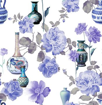 421207- 真实青花陶瓷手绘花卉数码印花 