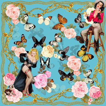 421873-复古插画美女手绘花卉蝴蝶组合丝巾