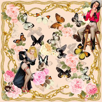 421874-复古插画美女手绘花卉蝴蝶组合丝巾