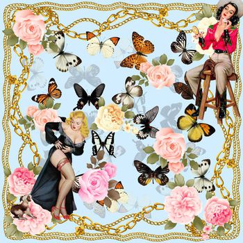 421875-复古插画美女手绘花卉蝴蝶组合丝巾