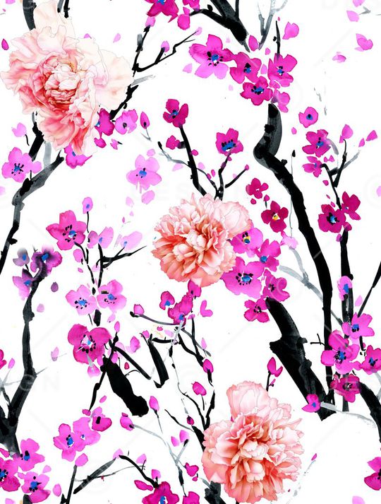 手绘牡丹印花华亿平台图片