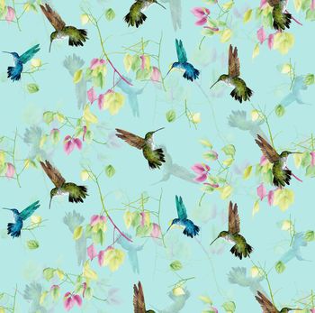 422585-时尚简约植物树叶蜂鸟数码印花