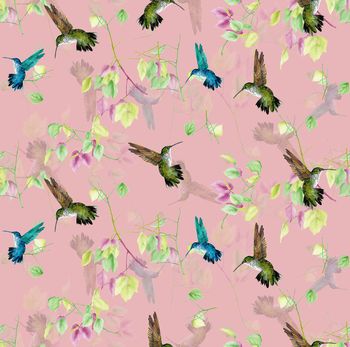 422586-时尚简约植物树叶蜂鸟数码印花