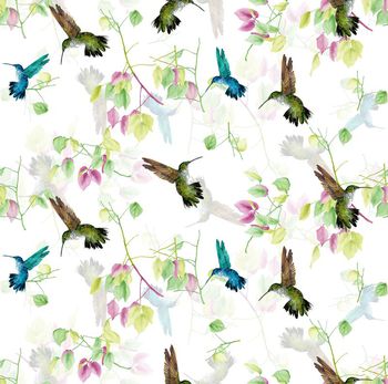 422587-时尚简约植物树叶蜂鸟数码印花