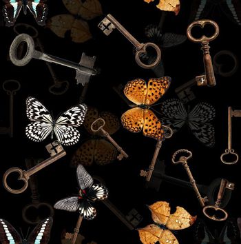 422852-个性男装装蝴蝶复古钥匙组合印花