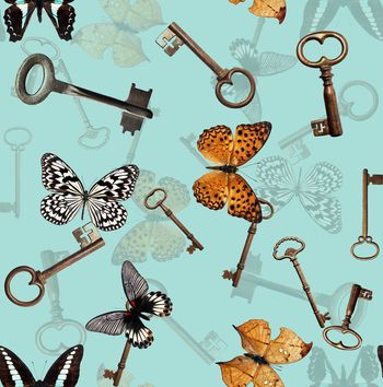 422853-个性男装装蝴蝶复古钥匙组合印花