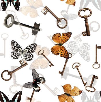422854-个性男装装蝴蝶复古钥匙组合印花