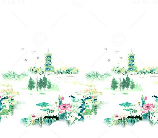 荷花 水墨 国画 中国风 荷塘月色印花华亿平台图片