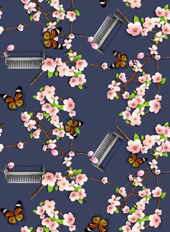 423850-时尚文艺桃花花卉蝴蝶组合印花2