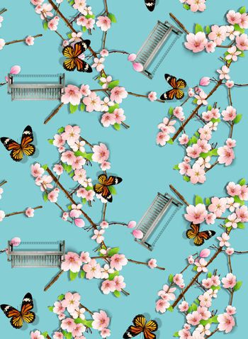 423851-时尚文艺桃花花卉蝴蝶组合印花2