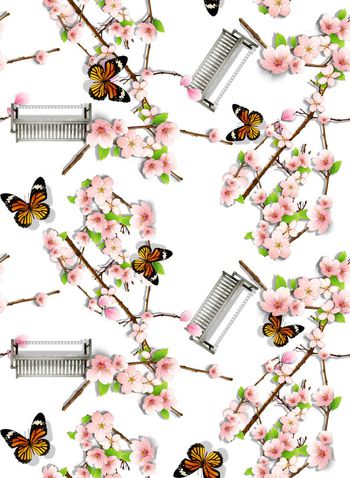 423852-时尚文艺桃花花卉蝴蝶组合印花2