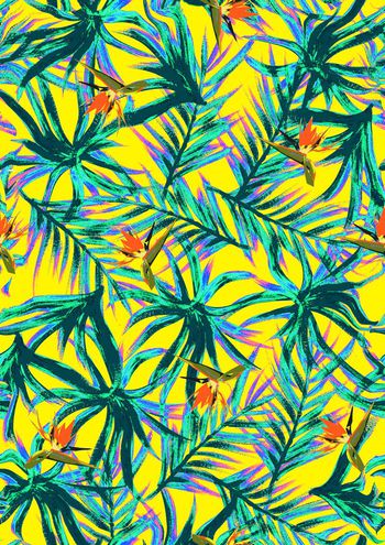 423975-手绘热带风情枝叶望鹤兰组合女装连衣