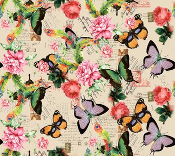 424119-欧式复古情怀蝴蝶手绘花卉数码印花