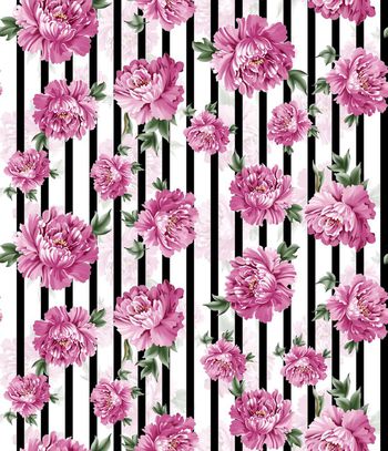 424150-条纹手绘牡丹花卉数码印花